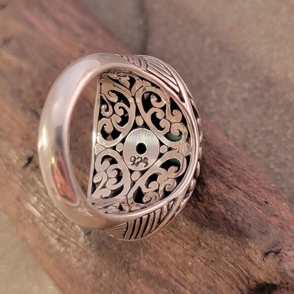 Bali Flower Scroll Green Turquoise Sterling Silver Statement Ring - Picture 6 of 9